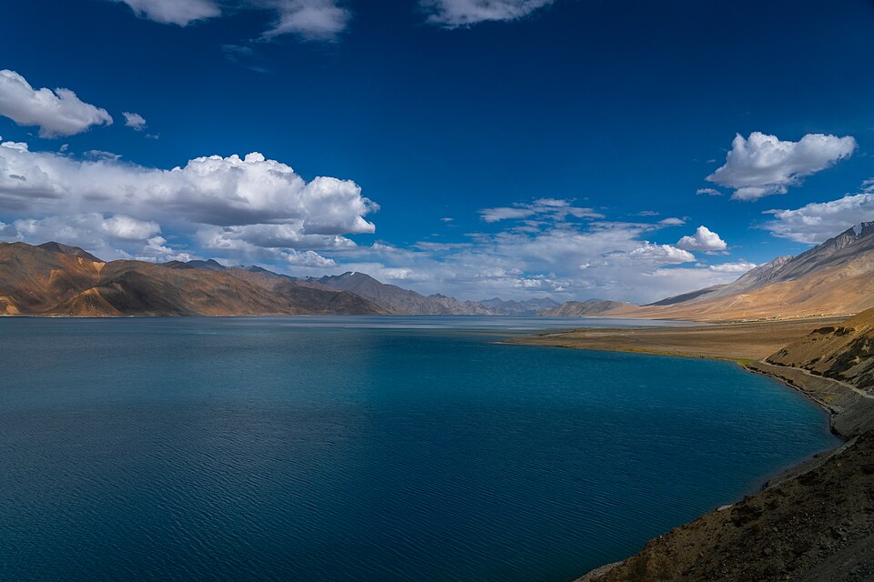 Blue water and mountains at Pangong Lake in Ladakh